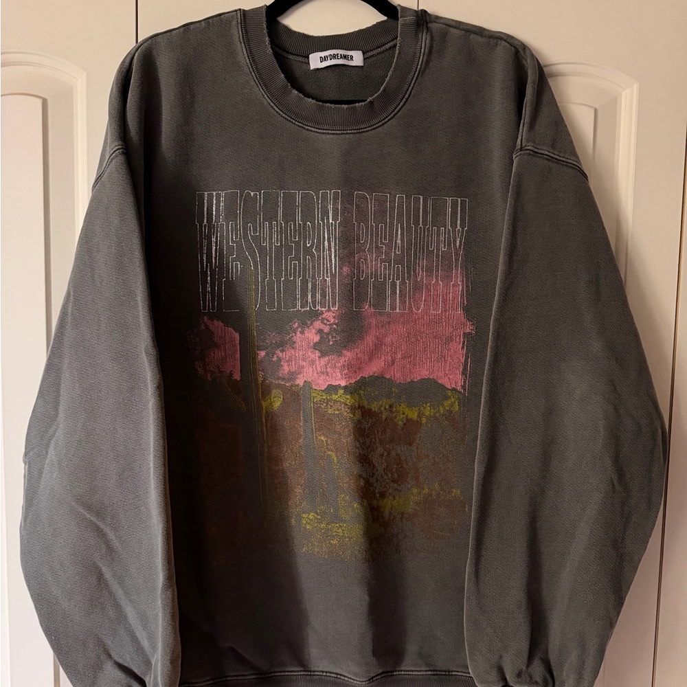 Daydreamer Charcoal Crewneck with Pink and Olive “Western Beauty” Graphic